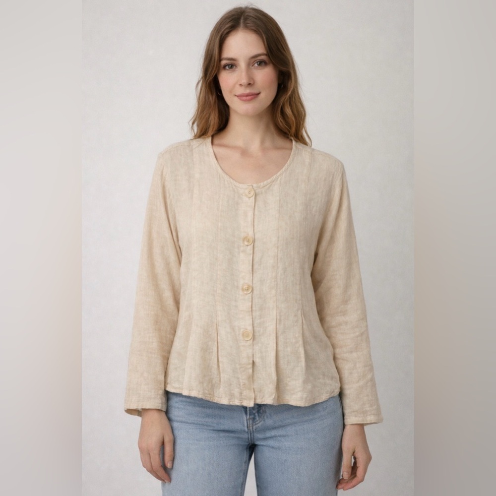 FLAX Light Yellow 100% Linen Button Front Long Sleeve Blouse Size Small